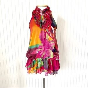 Soleil Vibrant Colorful Floral Tunic Top Sleeveless Halter Tropical